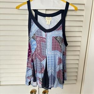 Casual Scoop Neck Bandana Print Tank Top — Blue & Burgundy